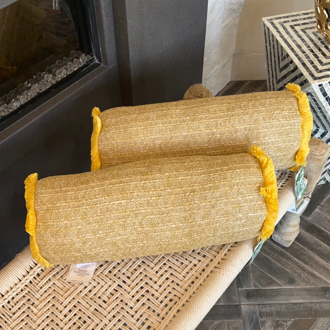 Tan with yellow fringes neck roll pillow
