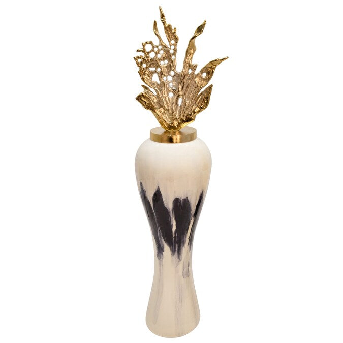 Glazed Vase with Brass Lid - Coral Branch